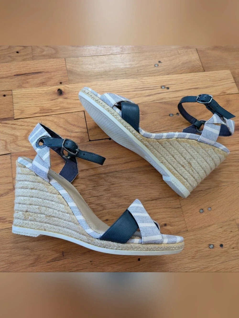 Sperry Valencia Blue & White Striped Canvas Wedge Sandals. - Picture 2 of 7